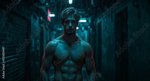 Obraz Shirtless muscular blond guy under neon blue rain in cyberpunk alleyway at midnight