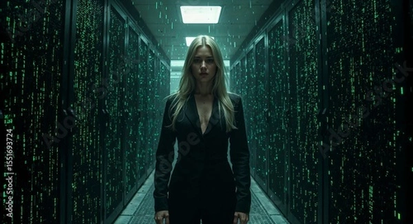 Obraz Virtual Blonde Muse in Code Matrix Jumpsuit Inside Giant Server Cathedral