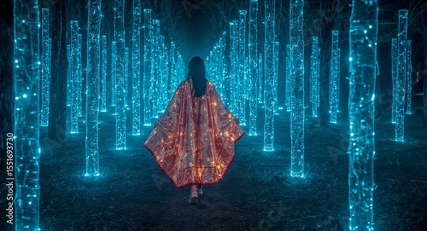 Obraz Voluptuous woman in glowing sari inspired cape and cyber sandals walking through electric forest of light pillars