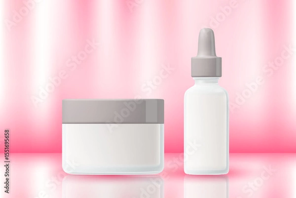 Fototapeta Cosmetic 3D render product packaging mockup set, pink gradient, studio light, cream jar, serum dropper, clear matte glass, light gray glowing cap with reflection. Beauty sale banner.