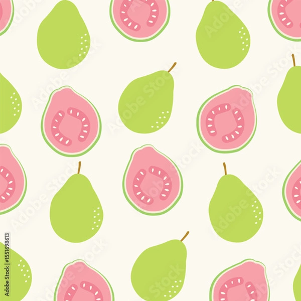 Fototapeta Seamless pattern with hand drawn guava. Tropical  wallpaper for kitchen, packaging, textiles, wrapping paper.