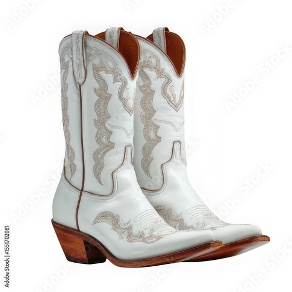 Fototapeta A pair of white cowboy boots with decorative stitching on a white background