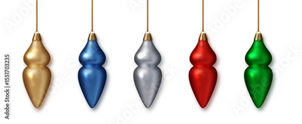 Obraz Christmas baubles vector collection PNG. Glossy 3D ornaments with metallic texture. Realistic xmas toys for celebration and decoration. New Year celebration design.