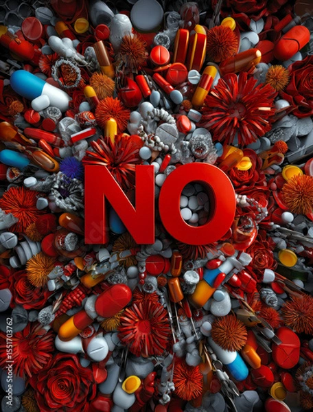 Obraz A vibrant assembly of pills, flowers, and objects culminates in a striking red "NO," symbolizing resistance against harmful substances and advocating for health and well-being.