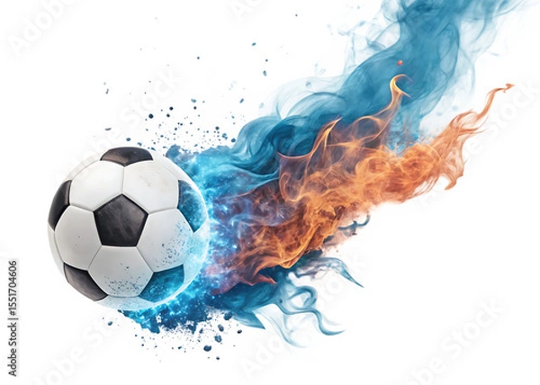 Fototapeta Soccer ball with dynamic blue and orange fiery energy burst isolated on a transparent background football