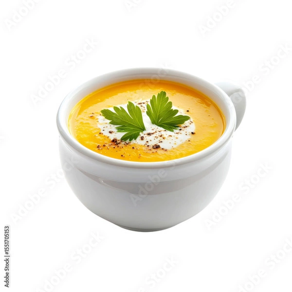 Fototapeta Creamy Pumpkin Soup in a White Mug, Garnish with Parsley and Cream