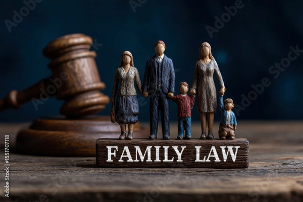 Obraz A representation of family law, featuring a family figurine set alongside a gavel.