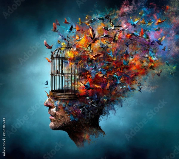 Obraz A striking visualization of a human head transforming into a cascade of colorful birds, symbolizing freedom and creativity escaping the confines of thought, represented by an empty birdcage.