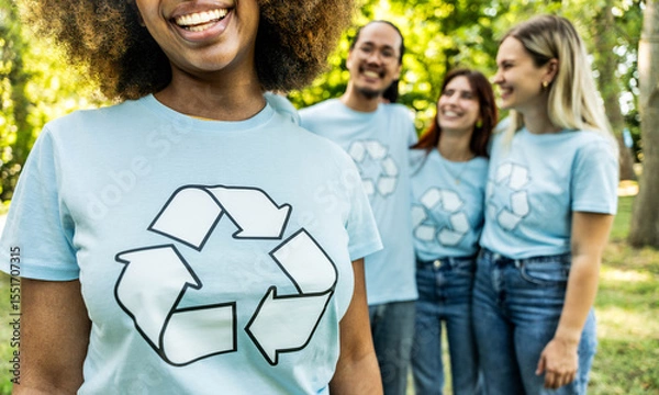 Fototapeta Multi ethnic group of volunteers cleaning up a forest together - Happy team of environmental activists smiling together outdoors - Environmental protection and non profits organization concept