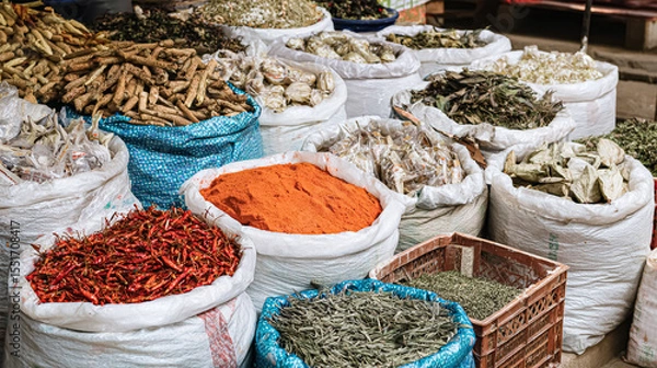 Obraz spices and herbs in cups. colorful seasonings wallpaper
