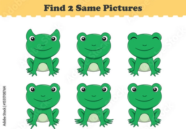 Fototapeta Funny cartoon frog. Find two same pictures. Educational game for children. Cartoon vector illustration
