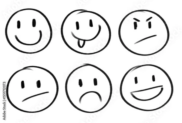 Fototapeta Set of hand-drawn, sketches with different smiley designs, different emotions drawn on black smileys, emojis, 
