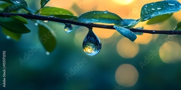 Fototapeta Dewdrops on Green Leaf with Blurred Background in Soft Lighting