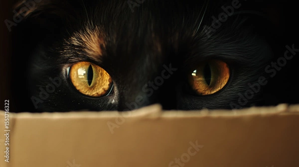 Fototapeta Black cat with bright yellow eyes peeking over cardboard box, creating mysterious and intense atmosphere with sharp focus on eyes and dark fur contrast