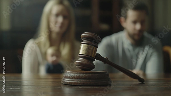 Fototapeta Wooden judge gavel resting on sound block with blurred couple and baby in background, symbolizing family law or custody decision. scene conveys seriousness and hope