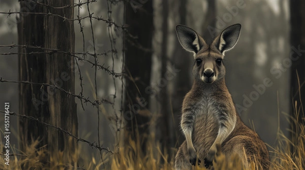 Fototapeta Young kangaroo sitting near barbed wire fence in natural forest environment with moody lighting and soft focus background