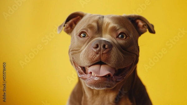 Fototapeta Happy brown dog with tongue out and bright eyes looking at camera on yellow background