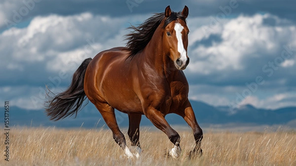 Fototapeta Powerful brown horse with flowing black mane runs freely through dry grass field under dramatic cloudy sky, evoking sense of wild freedom and strength