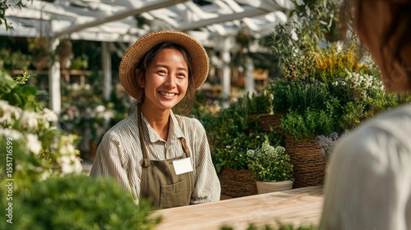Fototapeta Smiling female florist wearing straw hat and apron stands behind wooden counter surrounded by green plants and flowers, creating warm and inviting atmosphere
