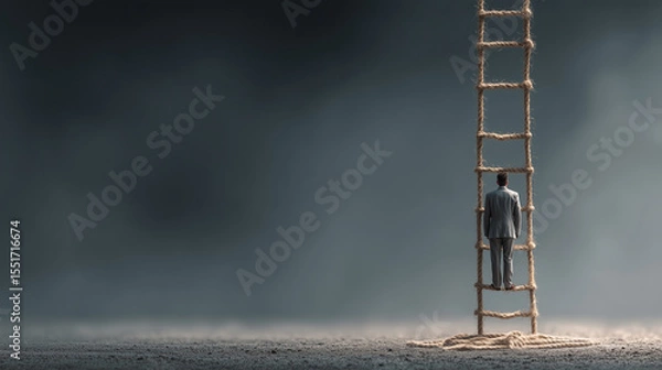 Fototapeta Man in suit stands on tall rope ladder against dark, foggy background, symbolizing ambition and journey toward success in mysterious atmosphere