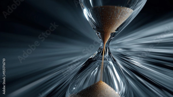 Fototapeta Close up of glass hourglass with sand flowing through narrow center, symbolizing passage of time in dramatic and focused setting