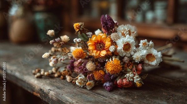 Fototapeta Dried flower bouquet with orange, white, and purple blossoms resting on rustic wooden surface, evoking warm and nostalgic atmosphere in cozy setting