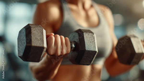 Fototapeta Close up of person lifting black hex dumbbells with both hands, wearing gray sports bra, showing muscle tone and strength in gym environment
