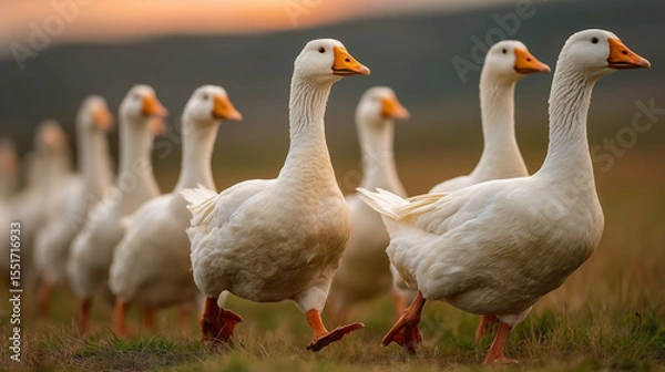 Fototapeta Group of white geese walking on grass in natural outdoor setting during sunset, showing their orange beaks and feet with calm and peaceful atmosphere