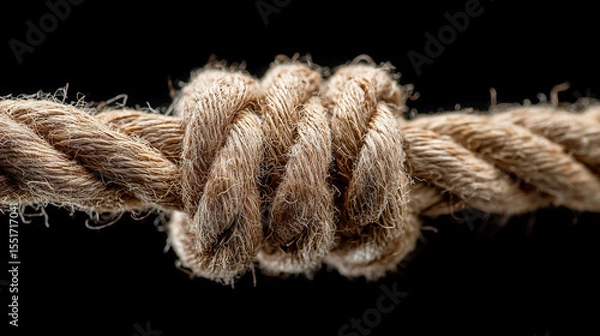 Fototapeta Rough natural fiber rope tied in secure knot with visible texture and frayed strands against black background, symbolizing strength and connection