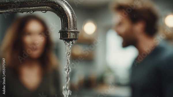 Fototapeta Running water from kitchen faucet with blurred couple in background, creating calm and domestic atmosphere in modern home setting