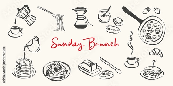 Fototapeta Whimsical brunch doodles. Quirky icons of Italian food in simple crayon and sketch style. Trendy art for menus and dinner brunch invitations. La dolce vita vector illustration