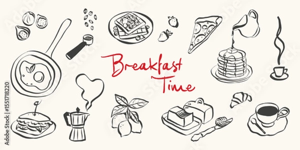 Fototapeta Whimsical breakfast doodles. Quirky icons of Italian food in simple crayon and sketch style. Trendy art for menus and dinner brunch invitations. La dolce vita vector illustration