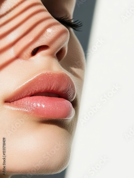 Fototapeta Close up of glossy lips under sunlight with soft shadow for skincare, lip balm or makeup branding