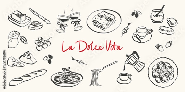 Obraz Whimsical italian food doodles. Quirky icons of Italian food in simple crayon and sketch style. Trendy art for menus and dinner brunch invitations. La dolce vita hand drawn vector illustration