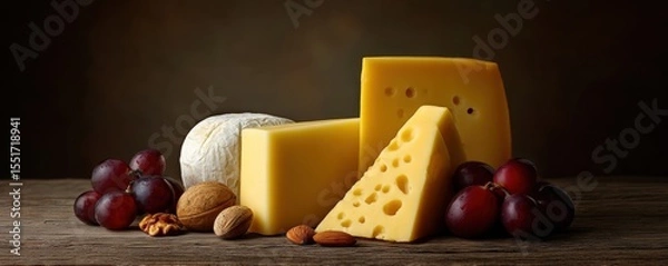Fototapeta Assorted cheese slices with holes and rind, whole walnuts and almonds scattered on rustic wooden surface accompanied by fresh red grapes clustered on dark brown background