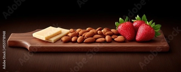 Fototapeta Wooden cutting board with three square slices of cheese, roasted almonds, and fresh red strawberries with green leaves on a dark brown wooden table surface