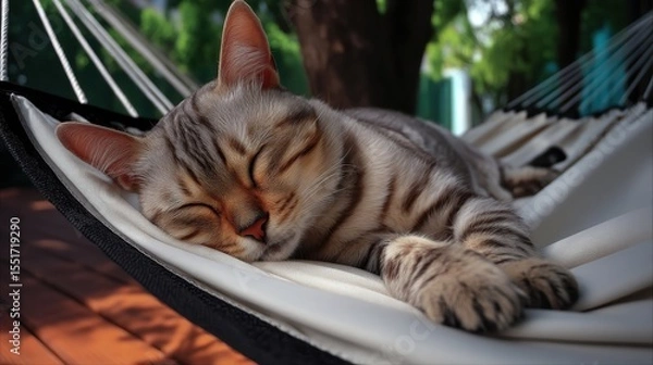 Fototapeta Sleeping tabby cat resting comfortably stretched out on white hammock outdoors in shaded garden near tree with soft natural lighting and peaceful atmosphere