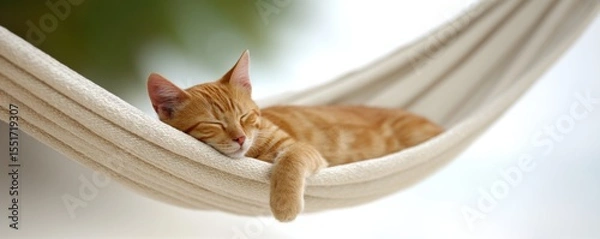 Fototapeta Orange tabby cat sleeping peacefully on cream-colored hammock outdoors natural light relaxed calm cozy comfortable feline pet resting