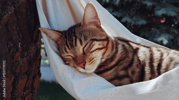 Fototapeta Sleeping striped cat resting peacefully in white hammock outdoors near tree trunk on sunny day with soft fabric and cozy relaxed position captured in natural light
