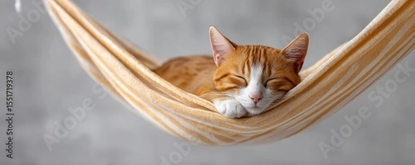 Fototapeta Orange tabby cat sleeping peacefully on soft striped hammock indoors with relaxed expression and cozy atmosphere in calm light household setting pet