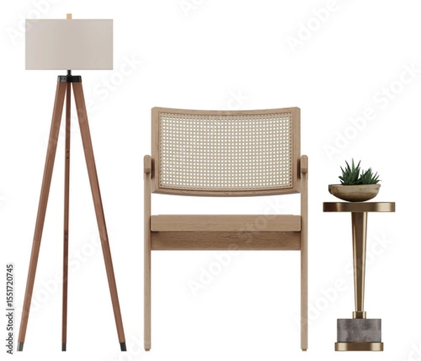 Fototapeta Front View Cutout of Modern Rattan Armchair, Floor Lamp and Side Table with Plant on Transparent Background | Furniture and Decor Object PNG