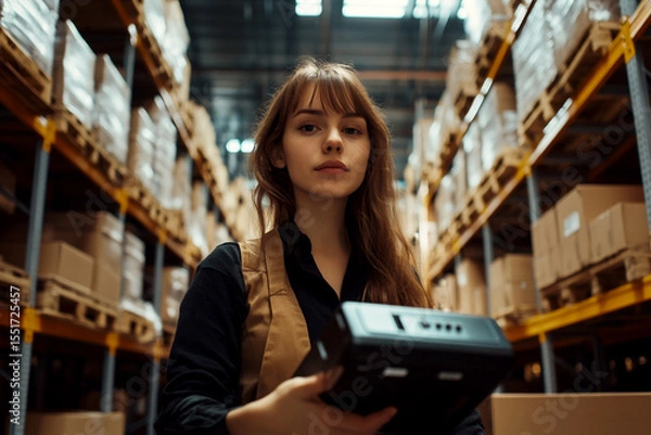 Obraz Female worker scanning a barcode with a machine in a warehouse, meticulously managing inventory and accounting on industrial shelving