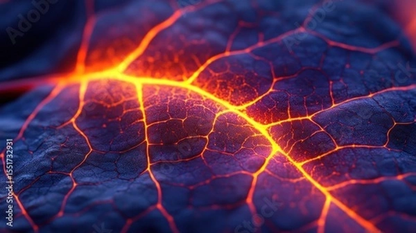 Fototapeta Close-up of a leaf vein system glowing with hot magma