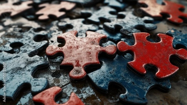 Fototapeta Close-up of a puzzle with red and blue pieces