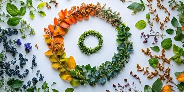 Fototapeta Colorful Arrangement of Leaves and Flowers in a Circular Design