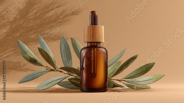 Fototapeta Essential Beauty Elixir: A minimalist, studio-style shot featuring a sleek amber glass bottle, elegantly paired with verdant olive branches.
