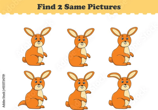 Fototapeta Funny cartoon rabbit. Find two same pictures. Educational game for children. Cartoon vector illustration