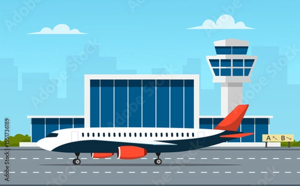 Fototapeta Modern airport terminal and runaway scene in flat style. Airport terminal building with tower and airplane. Vector stock
