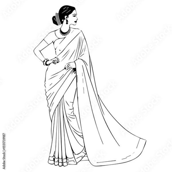 Fototapeta A lady in a saree vector sketch, Women in saree line drawing.