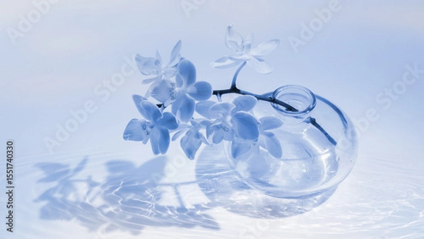 Obraz closeup of an orchid flower in a transparent vase in transparent water with sunlight reflection, abstract spa background concept with purity for beauty and body care, cosmetics and wellbeing